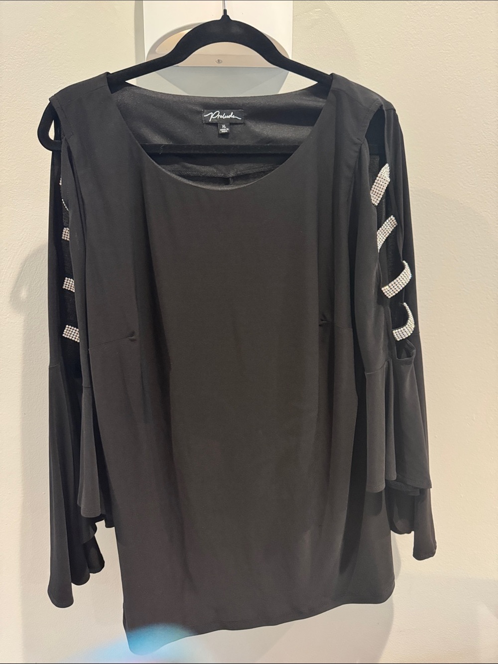 Prelude Black Cold-Shoulder Tunic with Rhinestone Trim